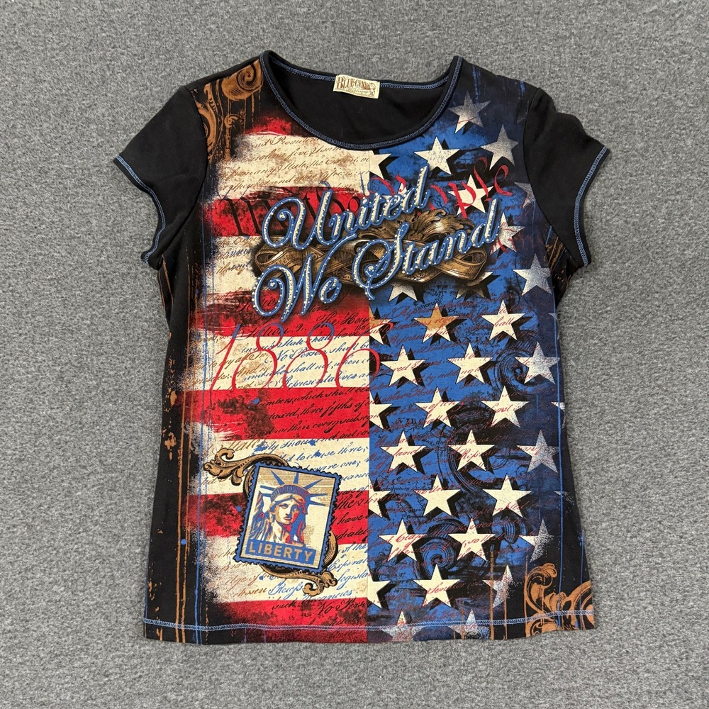 Y2K Blue Canyon Graphic Tee Womens XL Black Good United We Stand Rhinestones